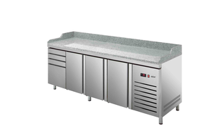 Stół chłodniczy, agregat z boku, 3-drzwiowy z drzwiami pełnymi, 4 szuflady, EN 600x400, 588 l, 0,253 kW, ze stali nierdzewnej, 2542x800x850 mm | ASBER, ETP-8-250-34 HC GR
