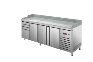 Stół chłodniczy, agregat z boku, 3-drzwiowy z drzwiami pełnymi, 4 szuflady, EN 600x400, 588 l, 0,253 kW, ze stali nierdzewnej, 2542x800x850 mm | ASBER, ETP-8-250-34 HC LLR GR