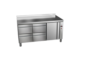 Stół chłodniczy, bez agregatu, 1-drzwiowy z drzwiami pełnymi, 4 szuflady, GN 1/1, 428 l, 0,032 kW, ze stali nierdzewnej, 1492x700x850 mm | ASBER, ETP-7-147-14 R HC SB40