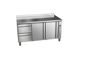 Stół chłodniczy, bez agregatu, 2-drzwiowy z drzwiami pełnymi, 2 szuflady, GN 1/1, 428 l, 0,032 kW, ze stali nierdzewnej, 1492x700x850 mm | ASBER, ETP-7-147-22 R HC SB40