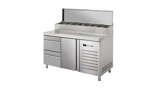 Stół chłodniczy sałatkowy do pizzy, 1-drzwiowy, 2 szuflady, 274 l, 0,223 kW, ze stali nierdzewnej, 1342x700x1050 mm | ASBER, ETPZ-135-12 HC 90NS