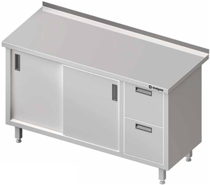 Stół przyścienny z blokiem dwóch szuflad po prawej stronie i szafką z drzwiami suwanymi 1500x700x850 mm | STALGAST, 980357150