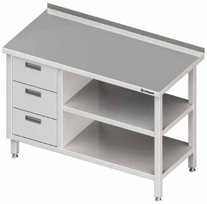 Stół przyścienny z blokiem trzech szuflad po lewej stronie i dwiema półkami 900x700x850 mm | STALGAST, 980407090