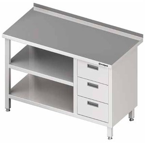 Stół przyścienny z blokiem trzech szuflad po prawej stronie i dwiema półkami 1100x600x850 mm | STALGAST, 980416110