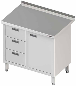 Stół przyścienny z blokiem trzech szuflad po lewej stronie i szafką z drzwiami skrzydłowymi 900x700x850 mm | STALGAST, 980427090