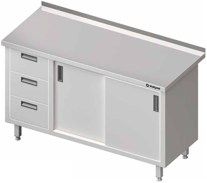 Stół przyścienny z blokiem trzech szuflad po lewej stronie i szafką z drzwiami suwanymi 1600x600x850 mm | STALGAST, 980466160
