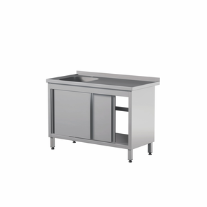 Stół przyścienny ze zlewem jednokomorowym i szafką z drzwiami suwanymi ze stali nierdzewnej, 1400x700x850 mm, ECO Line | EDENOX, STW-147/1 PL L 2SD