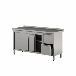 Stół przyścienny z szafką z drzwiami suwanymi i szufladami ze stali nierdzewnej, 1200x600x850 mm, ECO Line | EDENOX, WM-126 PL 2SD 2DR