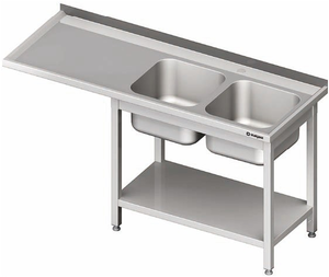 Stół ze zlewem dwukomorowym z prawej strony z półką i miejscem na lodówkę lub zmywarkę 2300x600x850 mm | STALGAST, 981036230