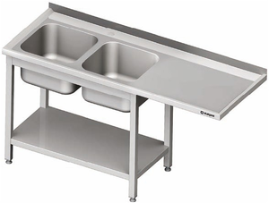 Stół ze zlewem dwukomorowym z lewej strony z półką i miejscem na lodówkę lub zmywarkę 1800x700x850 mm | STALGAST, 981047180