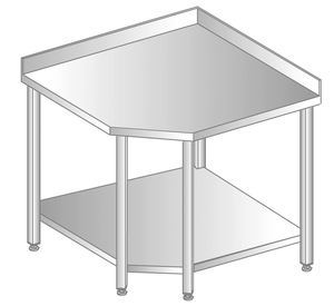 Stół narożny z półką, 868x968x850 mm, z krawędzią antybryzgową | DORA METAL, DM-S-3105