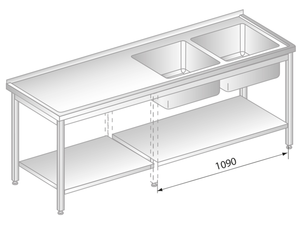 Stół z dwoma zlewami i półką 1800x700x850 mm | DORA METAL, GT-3213