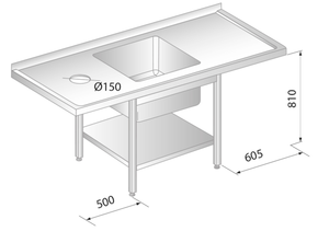 Stół ze zlewem, półką, otworem na odpadki i miejscem na zmywarkę 1700x700x850 mm | DORA METAL, GT-3229