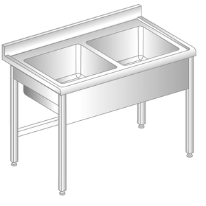 Stół z dwoma zlewami 1000x600x850 mm, z krawędzią antybryzgową | DORA METAL, DM-S-3009