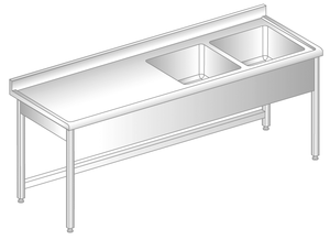 Stół z dwoma zlewami 1800x600x850 mm, z krawędzią antybryzgową | DORA METAL, DM-S-3010