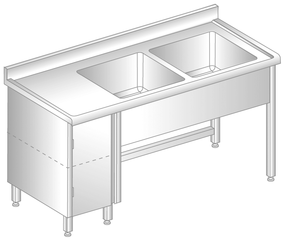 Stół z dwoma zlewami i szafką 1800x600x850 mm, z krawędzią antybryzgową | DORA METAL, DM-S-3015