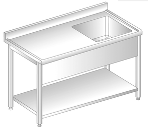 Stół ze zlewem i półką 1100x700x850 mm, z krawędzią antybryzgową | DORA METAL, DM-S-3201