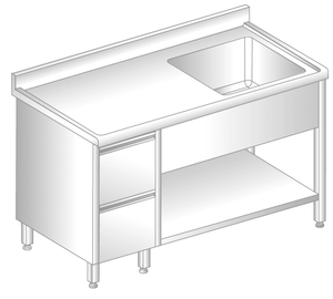 Stół ze zlewem, szufladami i półką 1400x700x850 mm, z krawędzią antybryzgową | DORA METAL, DM-S-3203