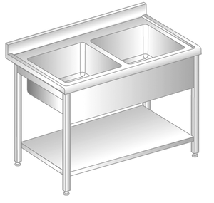 Stół z dwoma zlewami i półką 1000x700x850 mm, z krawędzią antybryzgową | DORA METAL, DM-S-3212