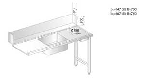 Stół załadowczy do zmywarek ze zlewem i otworem na odpadki 1200x700x850 mm | DORA METAL, GT-3268