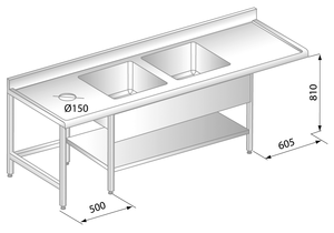 Stół z dwoma zlewami, półką, otworem na odpadki i miejscem na zmywarkę 2800x700x850 mm, z krawędzią antybryzgową | DORA METAL, DM-S-3230