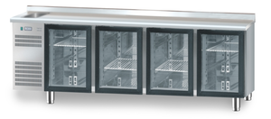 Stoł chłodniczy 4-drzwiowy z drzwiami przeszklonymi i zlewozmywakiem, 2325x700x850 mm | DORA METAL, DM-S-91008