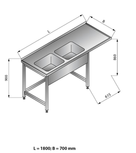 Stół zlewozmywakowy 2-zbiornikowy lewy, 1800x700x900 mm | LOZAMET, LO345/L