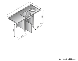 Stół zlewozmywakowy 1-zbiornikowy z otworem na odpadki i szafką prawy, 1800x700x900 mm | LOZAMET, LO352/P