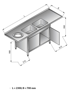 Stół zlewozmywakowy 2-zbiornikowy z otworem na odpadki i szafką, lewy, 2300x700x900 mm | LOZAMET, LO356/L