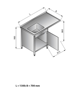 Stół zlewozmywakowy 1-zbiornikowy z szafką lewy, 1300x700x900 mm | LOZAMET, LO343/L