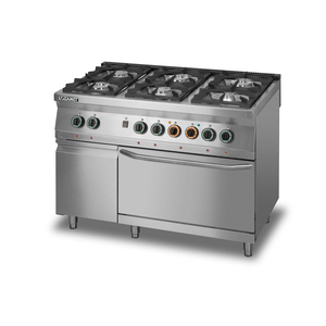 Kuchnia gazowa 6-palnikowa z piekarnikiem elektrycznym z termoobiegiem GN 2/1 i szafką, 1350x900x900 mm | LOZAMET, L900.KG6.PET.SD