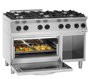 Kuchnia gazowa 6-palnikowa z piekarnikiem elektrycznym GN 2/1 i podstawą otwartą, 1200x700x 955 mm | BARTSCHER, MFG 7360