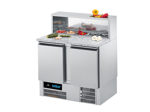 Stół chłodniczy do pizzy 2-drzwiowy, z blatem granitowym, z nadstawką nierdzewną i wycięciem na pojemniki GN, 0,32 kW, 950x680x830(1120) mm | RILLING, BR95