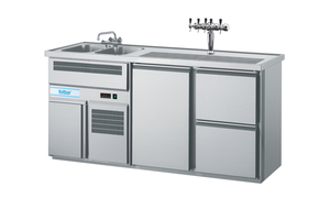 Barowy stół chłodniczy, 1-drzwiowy z 2 szufladami i zlewem 2-komorowym po lewej stronie, 0,44 kW, 1950x700x980 mm | RILLING, AGT M722L 81-1/2