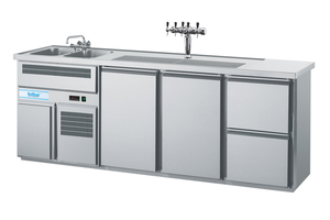 Barowy stół chłodniczy, 2-drzwiowy z 2 szufladami i zlewem 2-komorowym po lewej stronie, 0,44 kW, 2500x700x980 mm | RILLING, AGT M732L 81-1/1/2