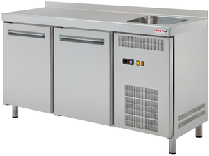 Stół chłodniczy 2-drzwiowy, ze zlewem, agregat z boku, GN 1/1, 290 l, 0,35 kW, 1350x700x850 mm | REDFOX, RT2DS