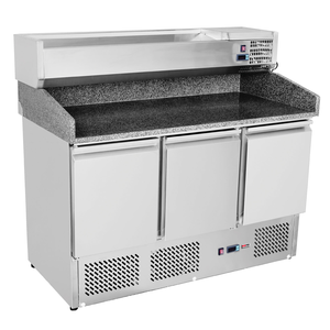 Stół do pizzy 3-drzwiowy, granitowa płyta robocza, z chłodzoną witryną, agregat z dołu, GN 1/1, 368 l, 0,5 kW, 1400x700x1460 mm | REDFOX, SP-903