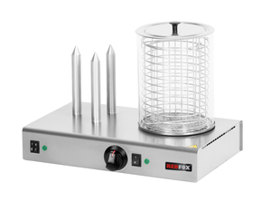 Urządzenie do hot-dogów ze stali nierdzewnej z 3 szpikulcami oraz cylindrem do parówek, 1,1 kW, 300x480x350 mm | REDFOX, HD-3N