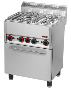 Kuchnia gazowa 4-palnikowa z piekarnikiem elektrycznym z termoobiegiem GN 1/1, 19.46 kW, 660x600x860, inox | REDFOX, Linia 600, SPT60GL