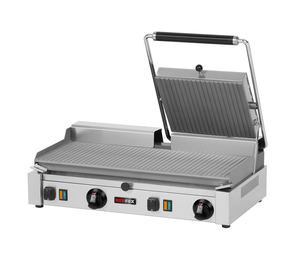 Grill kontaktowy elektryczny ze stali nierdzewnej, ryflowany, 1 płyta górna z prawej strony, nastawny, 4,2 kW, 614x405x182 mm, inox | REDFOX, PD-2020RSP