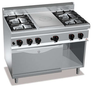 Kuchnia gazowa 4-palnikowa z płytą grzewczą i piekarnikiem gazowym GN 2/1 i szafką, 35,8 kW, 1200x700x900 mm | BERTO'S, Macros 700, High Power, G7T4P4F+FG