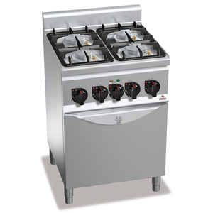 Kuchnia gazowa 4-palnikowa z piekarnikiem elektrycznym z termoobiegiem GN 1/1, 22 kW, 600x600x900 mm | BERTO'S, Plus 600, Eco Power, G6F4PW+FE1