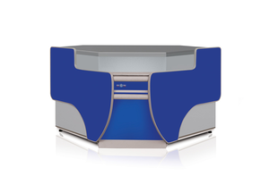 Przystawka kasowa narożna wewnętrzna z blatem ze stali nierdzewnej (szlif), podświetlanym plafonem dolnym, 1300x1300 mm | RAPA, P-D NW/107