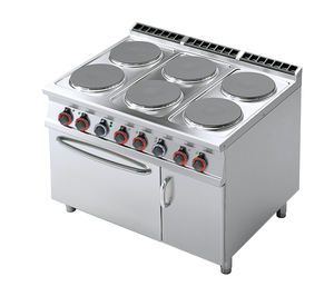 Kuchnia elektryczna 6-palnikowa z piekarnikiem elektrycznym GN 2/1 i szafką, 27,7 kW, 400V, inox, czarna | RMGASTRO, CF6-912 ETV