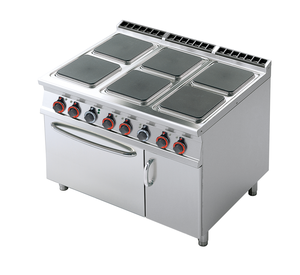 Kuchnia elektryczna 6-palnikowa z piekarnikiem elektrycznym GN 2/1 i szafką, 30,7 kW, 1200x900x900 mm, 400 V, inox, czarny | RMGASTRO, CFQ6-912 ETV