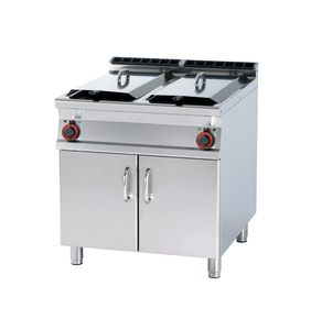 Frytownica gazowa dwukomorowa 2x 25 l z kranem spustowym, wolnostojąca z drzwiami, 40 kW, 800x900x900 mm | RMGASTRO, F2/25-98 G
