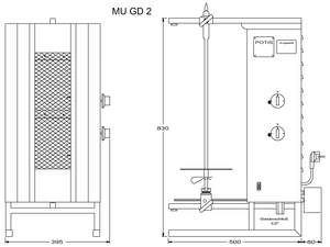 Gyros, kebab gazowy, 2 strefy grzewcze, wsad 30 kg, 7 kW, dolny napęd, 635x550x915 mm, taca na tłuszcz o wym. 500x500 mm | POTIS, MU GD2/gaz ziemny