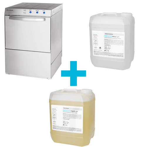 [Zestaw] Zmywarka uniwersalna z dozownikiem płynu myjącego i pompą zrzutową, kosz: 500x500 mm + Uniwersalne płyny do mycia i nabłyszczania 2 x 10 l | CLINTECH LIGHT
