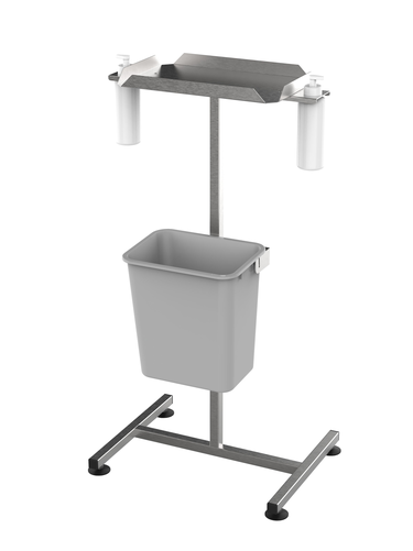 Stanowisko dezynfekcyjne z półką i dozownikami, na kołach, 530x400x990 mm | DORA METAL, DM-3300-2-1