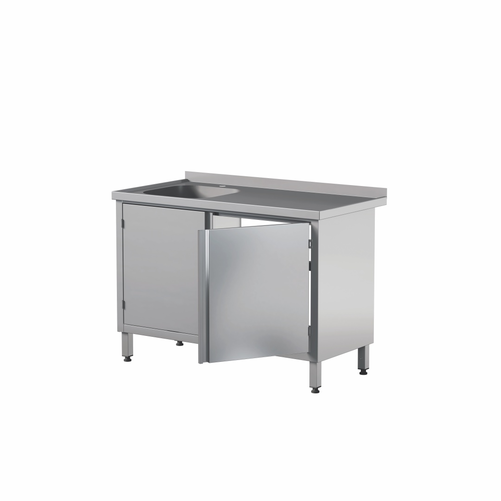 Stół przyścienny ze zlewem jednokomorowym i szafką dwudrzwiową, ze stali nierdzewnej 1400x700x850 mm, ECO Line | EDENOX, STW-147/1 PL L 2HD C